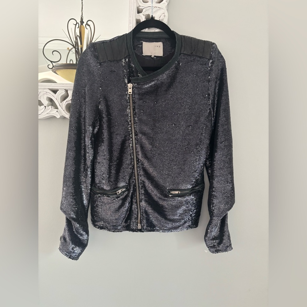 ✨IRO Silver Sequin Moto Jacket Lamb Leather Trim Details Rouch Sleeves✨